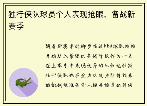 独行侠队球员个人表现抢眼，备战新赛季